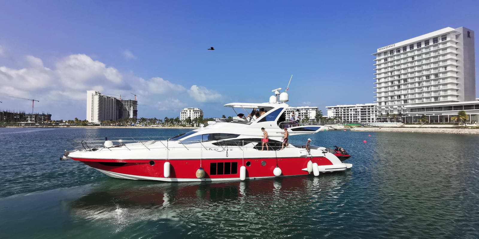 Boat rental Marina Puerto Cancun yacht cruising in lagoon and sea